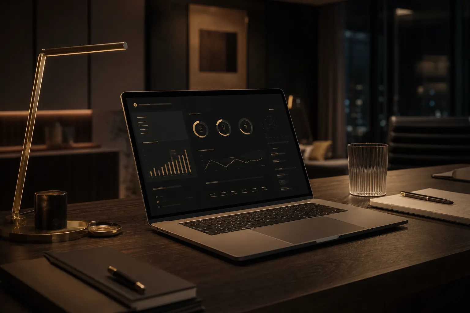 Escritorio ops elegante con dashboard oscuro
